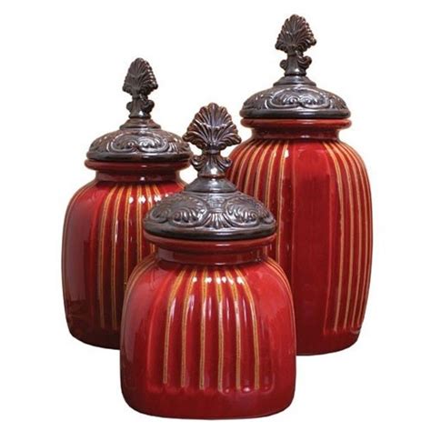 Tuscan Red S 3 Ceramic Ribbed Canister Set Kitchen Fan Finial French