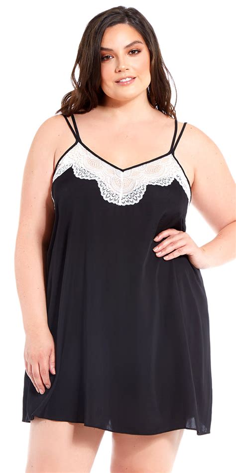 Plus Size Black And White Satin Lace Chemise Sexy Womens Lingerie