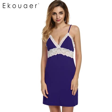Ekouaer Brand Spring Autumn Nightgown Women Sexy Spaghetti Strap Lace Patchwork Lingerie Dress