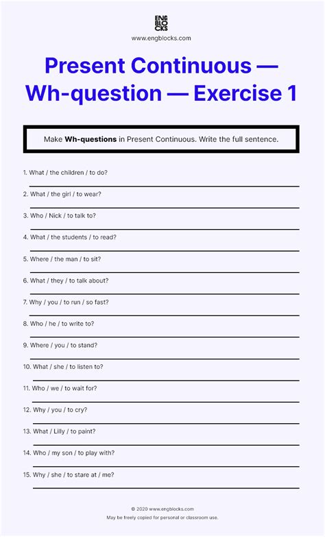 Present Continuous Wh Question Exercise 1 ESL Worksheets Wh