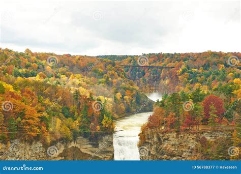 Autumn Scene Of Waterfalls And Gorge Stock Image Image Of Genesee