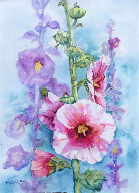 Hollyhocks Hollyhock Flower Pink Flower Watercolor Watercolor