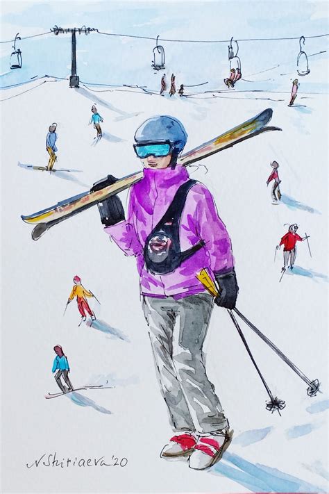 Skier Painting Watercolor Original Art Skiing By Etsy