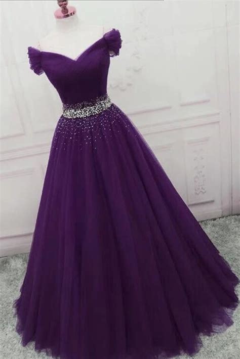 Off The Shoulder Dark Purple Long Prom Dress With Beadings Off
