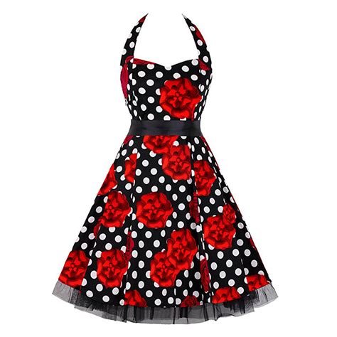 vintage sweetheart neckline halter backless polka dot flower casual swing knee length dress n14845