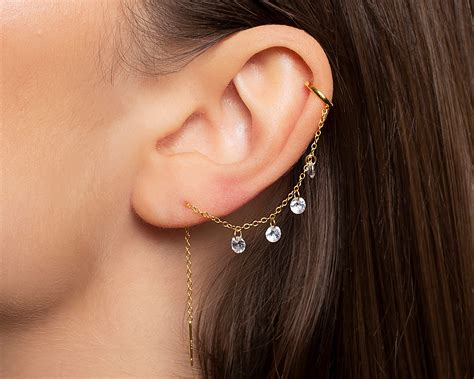 Threader Earring With Ear Cuff And 4 Dangling Cz Stones Etsy UK