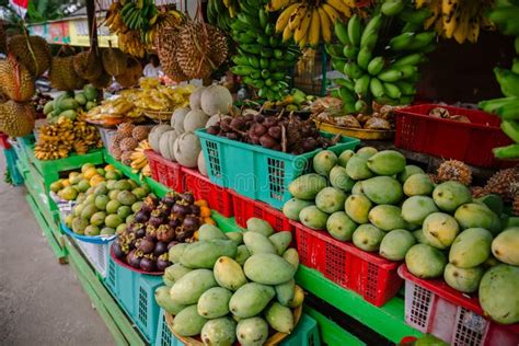 Fresh Fruit Market With Mango Mangosteen And Pineapple In Bali Stock