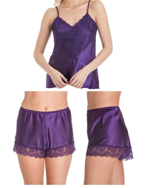 Womens Satin Lingerie Pajamas Luxury Lace Camisole Cami French Knickers Pjs Ebay