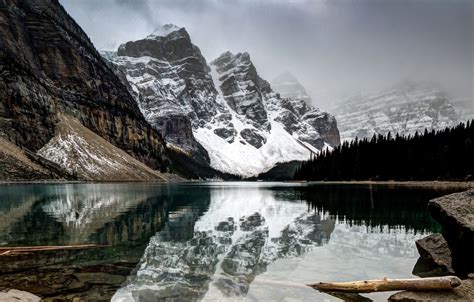 Обои небо снег деревья горы тучи природа скалы Канада Canada
