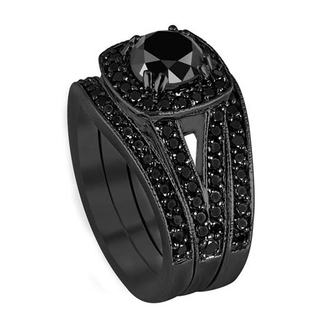 Trio Black Diamonds Engagement Ring Set Wedding Anniversary Rings Sets