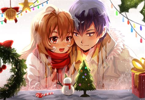 Download Cute Anime Couple Christmas Decor Wallpaper
