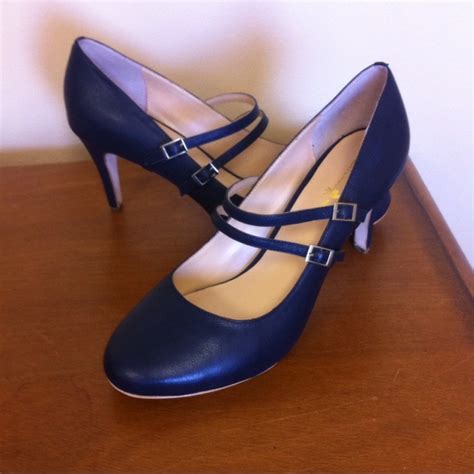 Sensational Soles Shoes Navy Blue Leather Pumps With Twin Straps So