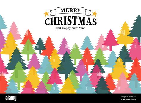 Merry Christmas Happy New Year Colorful Pine Tree Forest Doodle