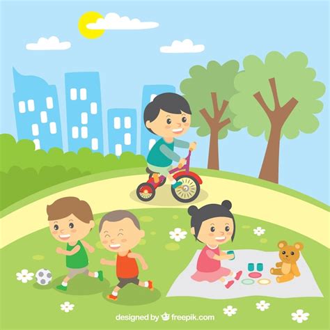 Beautiful Scene Of Children Playing Outdoors Free Vector