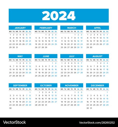 Simple Calendar 2024 Weeks Start On Monday Vector Image