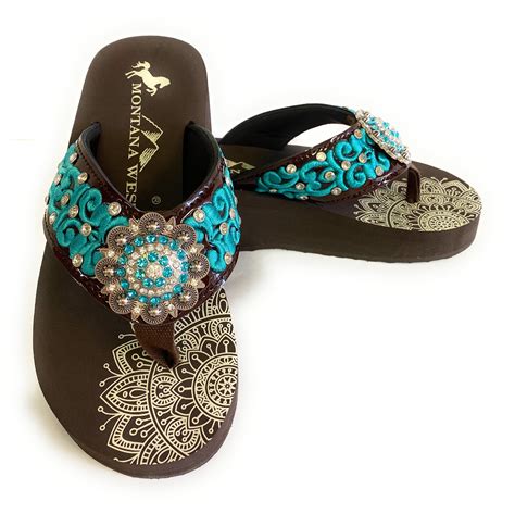 Montana West Embroidered Rhinestone Wedge Flip Flop Turquoise 9