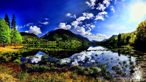 Summer Landscape Mountain Lake Pine Forest Sky With White Clouds