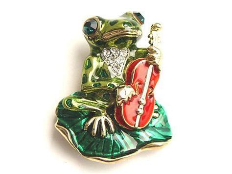 Hand Painted Enamel Music Playing Violin Musician Gem Frog Pond Leaf
