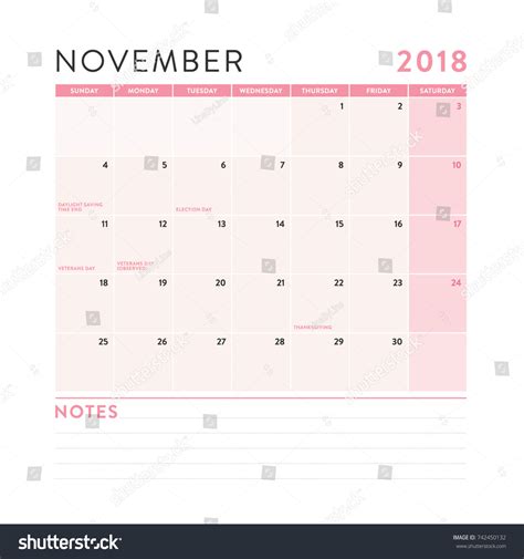 November 2018 Monthly Calendar Notes Vector Stock Vector Royalty Free