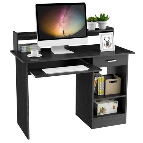 Buy Yaheetech Black Computer Desk With Drawers Storage Shelf Keyboard Tray Home Office Laptop