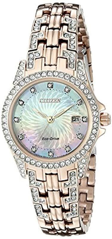 citizen eco drive watch with crystal accents ew1228 53d in pink lyst