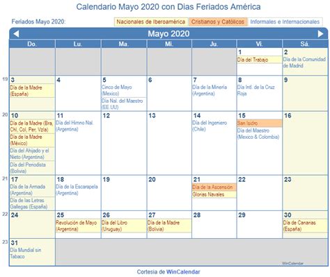 Calendario Mayo 2020 Para Imprimir América