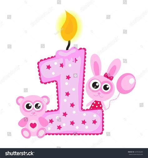 Happy First Birthday Candle And Animals Isolated On White Pink Card