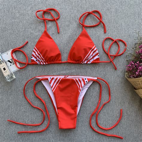 Best And Cheapest Womens Swimwear Halter String Swimsuit 2020 Red Brazil Bikini Triangle Push Up