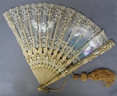 Antique Ornate Painted Folding Hand Fan Victorian Lace Sheer Fabric Ebay