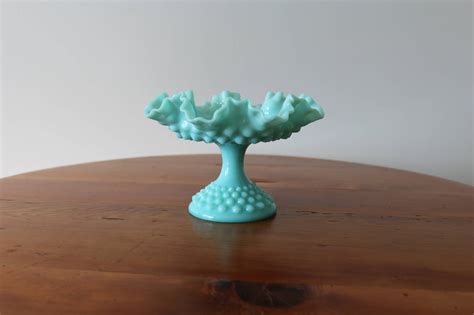 Fenton Hobnail Turquoise Blue Milk Glass Compote Footed Dish Etsy