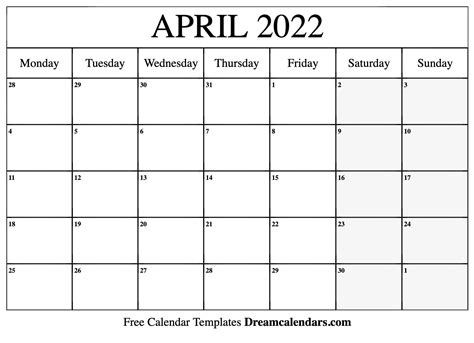 Printable Calendar April 2022 Monthly Templates April 2022 Calendar