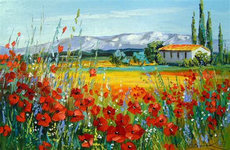 Poppy Field Near The Mountains Paintings By Olha Darchuk