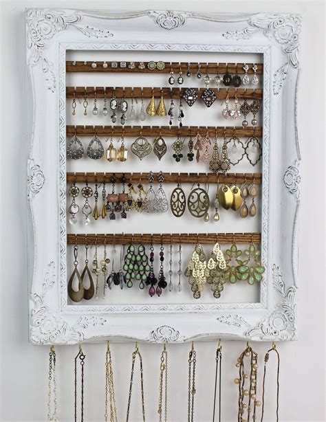 Distressed White Jewelry Organizer Wall Hanging Earring Organization