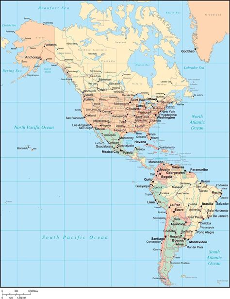 Multi Color N And S America Map With Countries Major Cities Map Resources