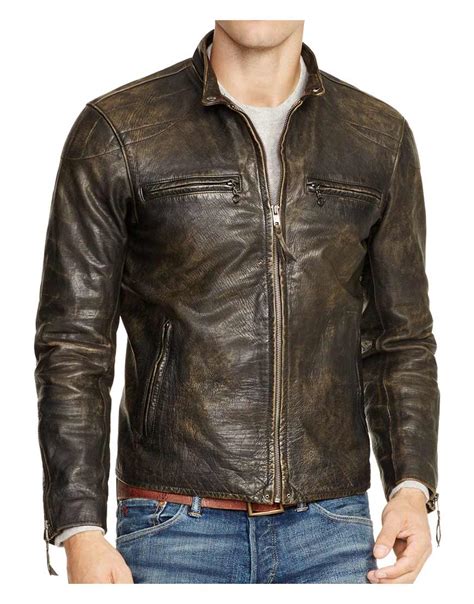 Mens Biker Dark Brown Distressed Leather Jacket Ujackets