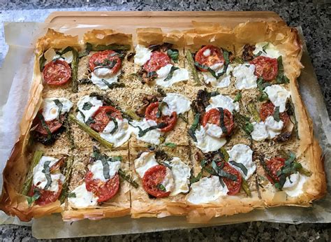 Recipe for a test of filo at home. Roasted Vegetable Phyllo Dough Pizza