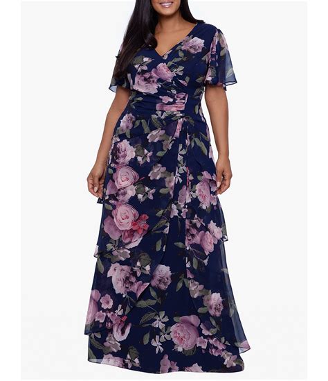 xscape plus size floral print short sleeve surplice v neck ruched chiffon tiered gown dillard s