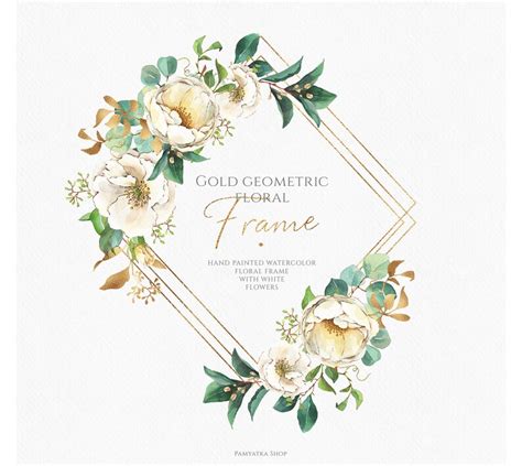 Floral Frame Clip Art Watercolor Flowers Geometric Gold Etsy