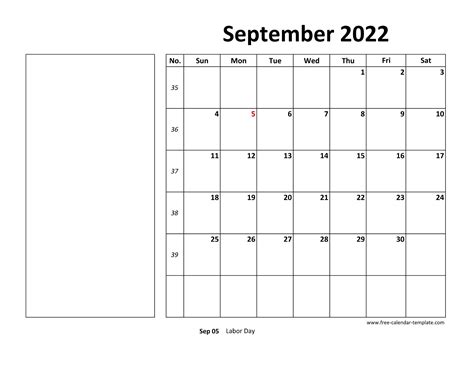 Printable September 2022 Calendar Box And Lines For Notes Free