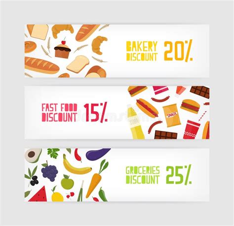 Bundle Of Horizontal Banner Templates With Bakery Fast Food Or Snacks