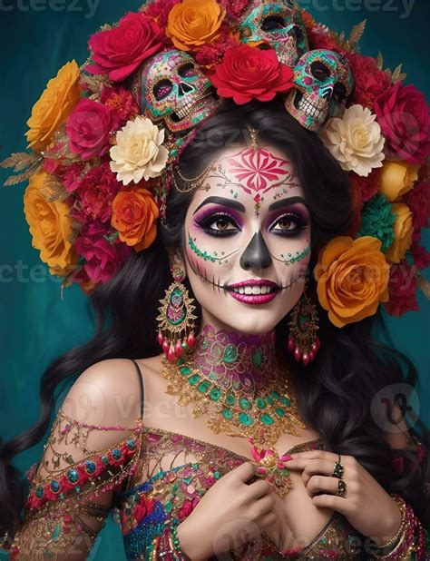 Beautiful Woman With Painted Skull On Her Face For Mexicos Day Of The
