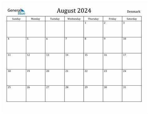 August 2024 Calendar With Denmark Holidays