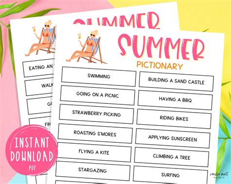 Summer Pictionary Game Printable Summertime Games Fun Etsy