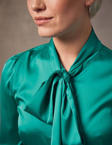 Womens Peacock Green Fitted Luxury Satin Blouse Pussy Bow Hawes