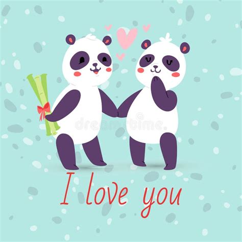 Pandas Couple In Love Banner Greeting Card Vector Illustration