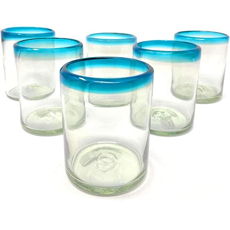 Hand Blown Drinking Glasses Set Of 6 Tumbler Glasses With Aqua Blue
