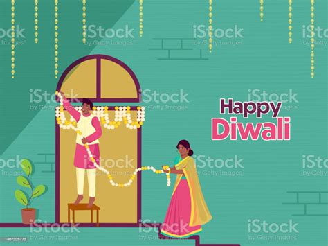 Vetores De Cartas Felizes De Diwali Com O Casal Indiano Porta De