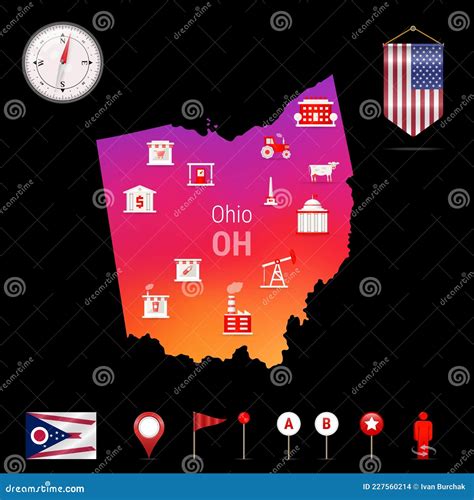 Ohio Vector Map Night View Compass Icon Map Navigation Elements
