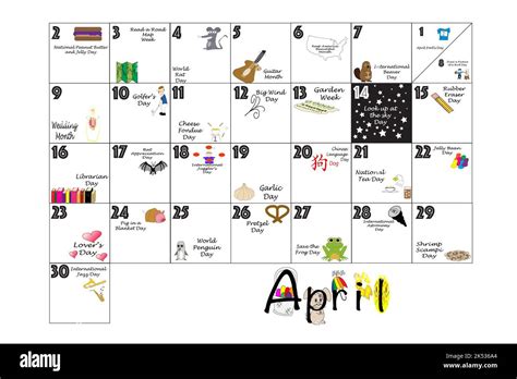 April 2023 Calendar Illustrated With Daily Quirky Holidays And Unusual