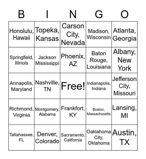United States Capitals Bingo Card